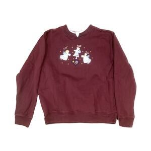 Vintage Grandma 90's Sweatshirt L Layered Collar Red Angel Christmas Embroidered